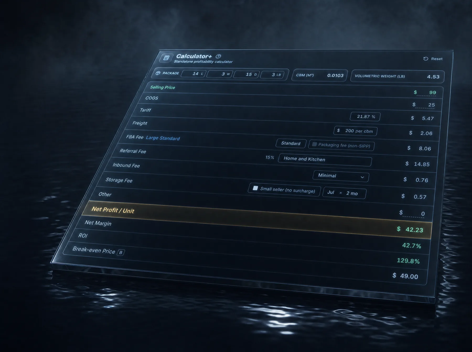 Calculator+, the standalone profitability calculator, rendered as an engraved glass slab