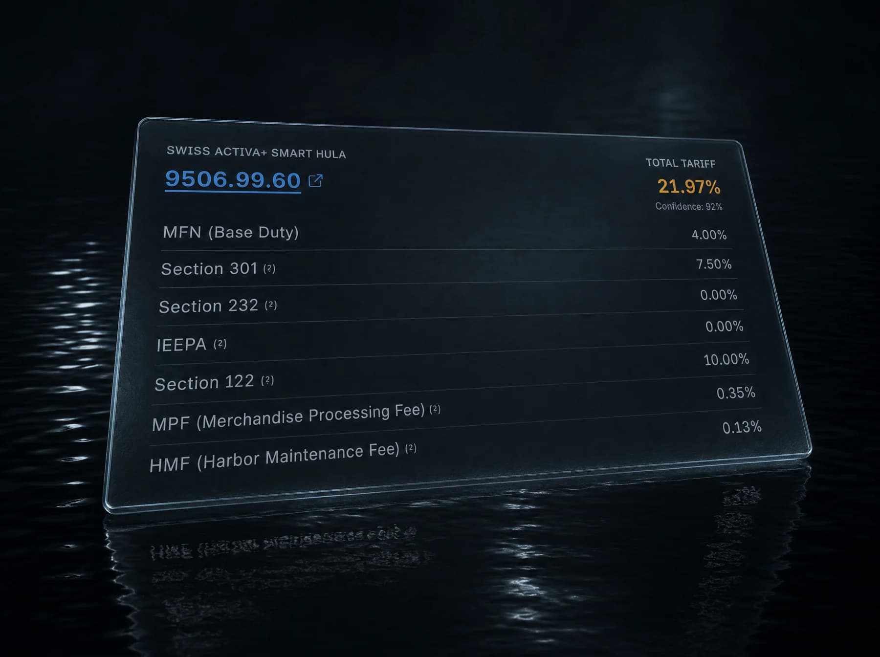 The HTS classification and import duty breakdown, rendered as an engraved glass slab